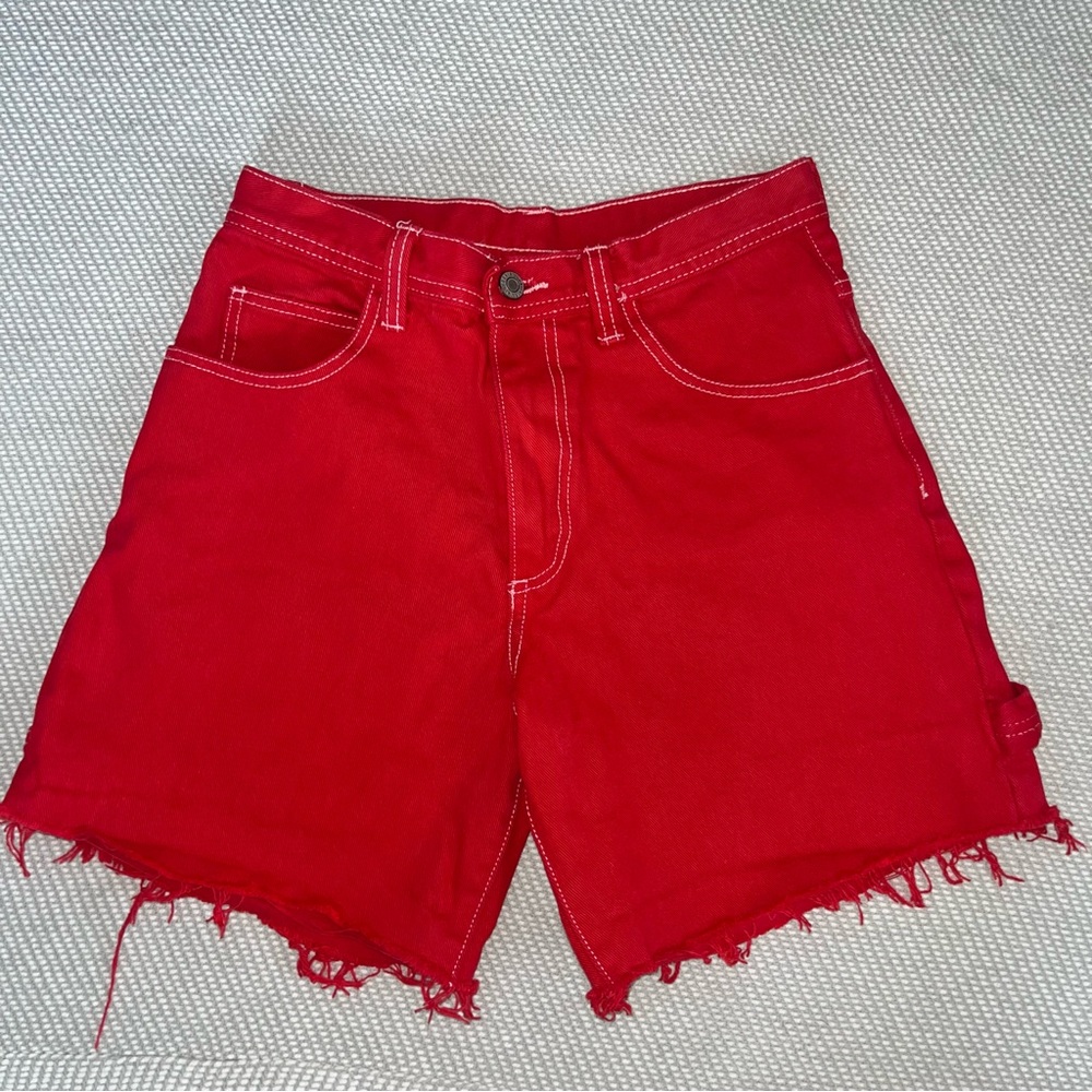 Brandy Melville Red Denim Cargo Shorts Contrast Stitching Sz Sm